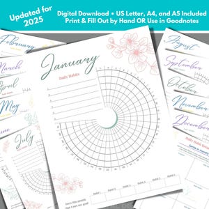 May include: A printable habit tracker for the year 2025. The tracker includes a monthly habit tracker with a circular chart for each month, and a separate page for daily habit details. The design features a floral motif with pink and white flowers.