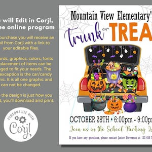 May include: A printable invitation for a Trunk or Treat event at Mountain View Elementary School. The invitation features a cartoon car with a boot full of sweets and a spooky Halloween theme. The event is scheduled for 28th October from 6:00 pm to 9:00 pm in the school car park.