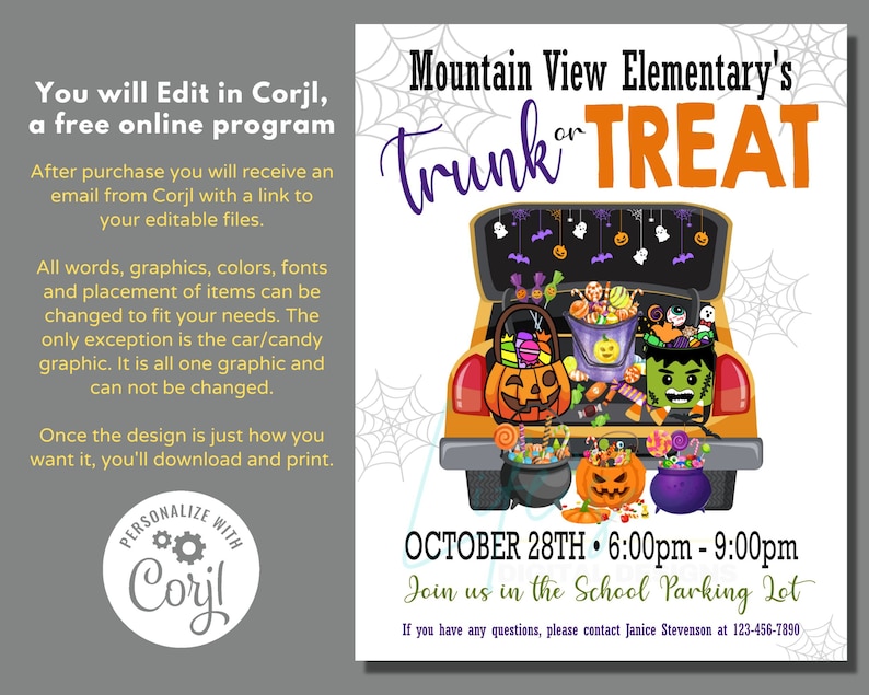 May include: A printable invitation for a Trunk or Treat event at Mountain View Elementary School. The invitation features a cartoon car with a boot full of sweets and a spooky Halloween theme. The event is scheduled for 28th October from 6:00 pm to 9:00 pm in the school car park.