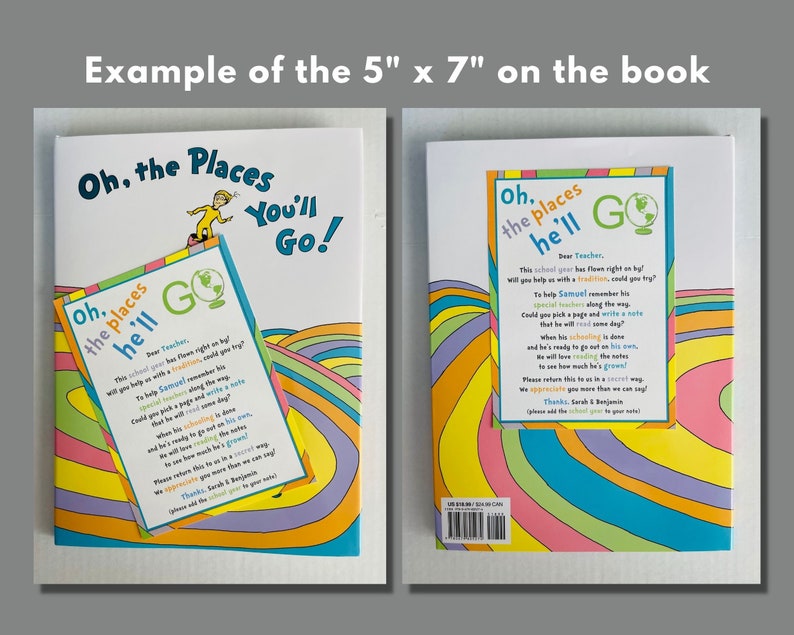Pode incluir: Um livro de 5" x 7" intitulado "Oh, the Places You'll Go!" de Dr. Seuss. A capa do livro apresenta uma ilustra&ccedil;&atilde;o colorida de uma estrada com um arco-&iacute;ris e um fundo listrado verde, amarelo e vermelho. O livro &eacute; acompanhado por um cart&atilde;o menor com o mesmo t&iacute;tulo e uma mensagem para um professor.