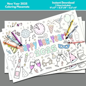 New Years Coloring Placemats, NYE Coloring Page, New Years Eve Activity, 2025 New Years Eve Party Coloring Sheet, NYE Celebration Printable