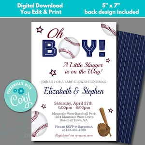 Baseball Baby Shower Invitation to Edit in Corjl, Download and Print, A Little Slugger is on the Way, Little Slugger Baby Shower Invites