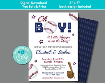 Pode incluir: Um convite para chá de bebé com tema de basebol com as palavras "Oh Boy!" e "A Little Slugger is on the Way!" impressas num fundo branco. O convite inclui os nomes Elizabeth & Stephen, a data, a hora e o local. O convite mede 12,7 cm x 17,8 cm.