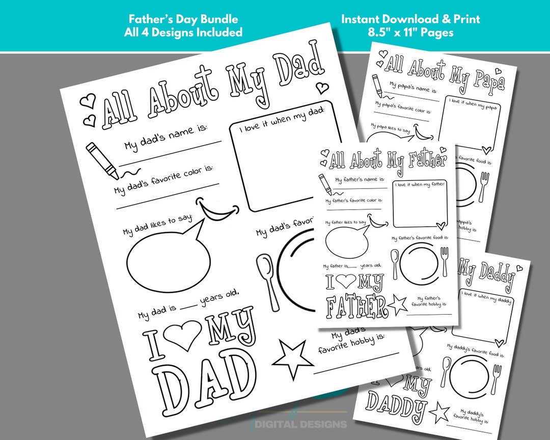 All About My Dad Coloring Page Bundle to Download and Print, Father's ...