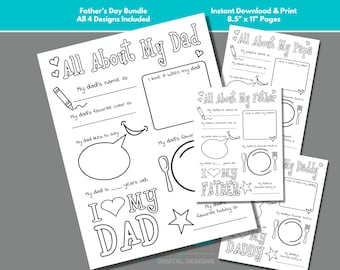 All About My Dad Coloring Page Bundle to Download and Print, Father's Day Printable, Fill in the Blank Questions for Dad, Daddy, Papa