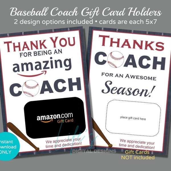 Baseball Coach Amazon Gift Card Holder to Download and Print, Thanks Coach Gift Card Holder Instant Download