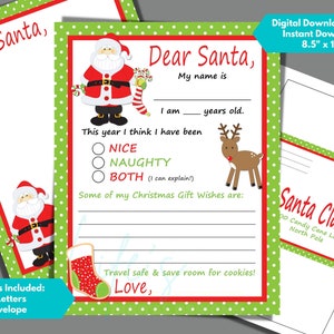 Carta a Papá Noel con sobre a juego para descargar e imprimir con fondo de lunares verdes