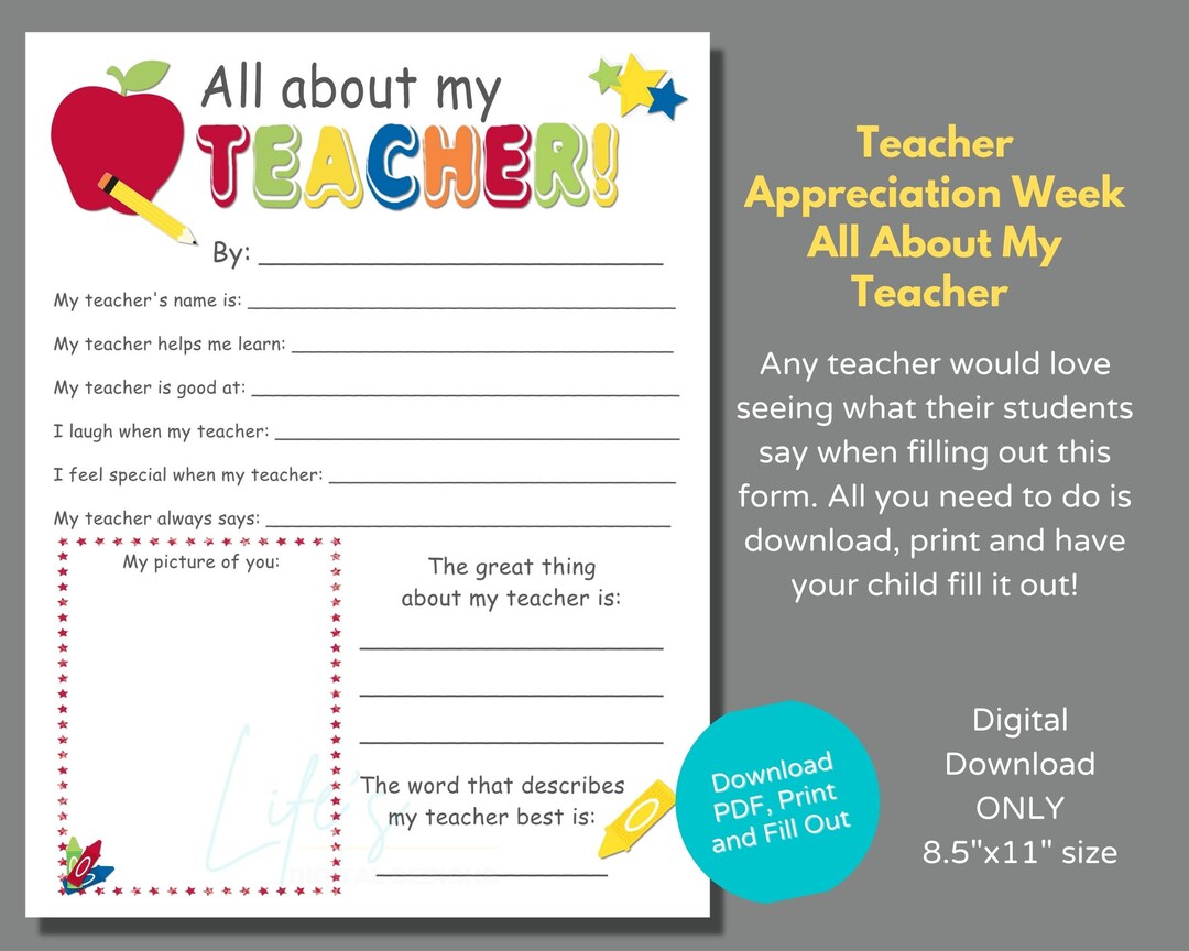 Teacher Appreciation Week All About My Teacher Form to Download and Print, Teacher Appreciation