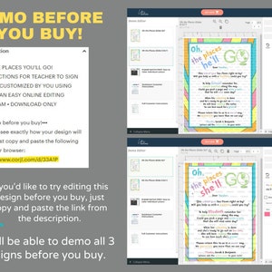 Pode incluir: Uma captura de tela de um computador mostrando um sinal personaliz&aacute;vel para impress&atilde;o para um professor. O sinal &eacute; um design colorido com o texto "Oh, the places you'll go!" e um globo. O sinal est&aacute; sendo editado em um programa de design web. O texto "Demo before you buy!" tamb&eacute;m &eacute; vis&iacute;vel na tela.