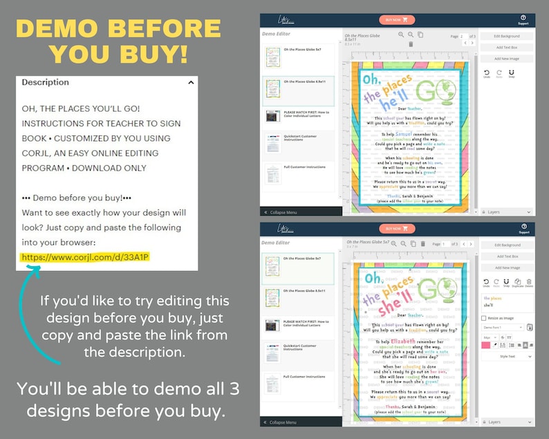 Pode incluir: Uma captura de tela de um computador mostrando um sinal personaliz&aacute;vel para impress&atilde;o para um professor. O sinal &eacute; um design colorido com o texto "Oh, the places you'll go!" e um globo. O sinal est&aacute; sendo editado em um programa de design web. O texto "Demo before you buy!" tamb&eacute;m &eacute; vis&iacute;vel na tela.