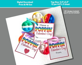 Puede incluir: Etiquetas imprimibles para el Día de San Valentín con un diseño de arcoíris y el texto "Have a Poppin' Valentine's Day!" y espacio para escribir "To:" y "From:". Las etiquetas miden 2,5 pulgadas por 2,5 pulgadas y vienen en un juego de 12.