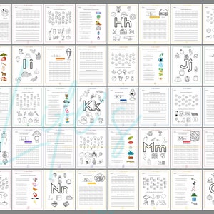 May include: A set of 20 printable alphabet worksheets for kids. Each page features a different letter of the alphabet, with a variety of activities, including tracing, coloring, and finding objects that start with that letter. The worksheets are black and white and feature simple illustrations.