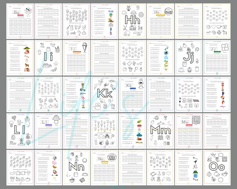 May include: A set of 20 printable alphabet worksheets for kids. Each page features a different letter of the alphabet, with a variety of activities, including tracing, coloring, and finding objects that start with that letter. The worksheets are black and white and feature simple illustrations.