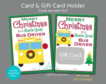 Può includere: Un porta biglietti regalo stampabile con un'illustrazione di autobus scolastico giallo e il testo "Buon Natale a un fantastico autista di autobus". Il porta biglietti include uno spazio per un biglietto regalo e aree per scrivere "Da" e "A".