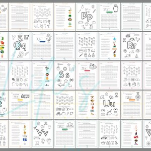 May include: A set of 26 alphabet worksheets for kids. Each page features a different letter of the alphabet, with a picture of an object that starts with that letter, a space to write the letter, and a section for tracing the letter. The worksheets are designed to help children learn the alphabet and improve their handwriting.