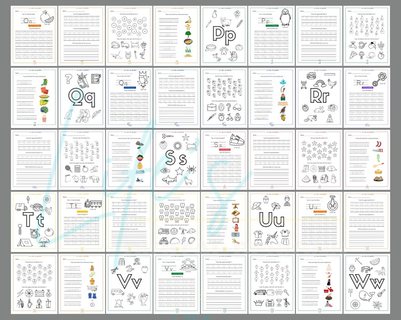 May include: A set of 26 alphabet worksheets for kids. Each page features a different letter of the alphabet, with a picture of an object that starts with that letter, a space to write the letter, and a section for tracing the letter. The worksheets are designed to help children learn the alphabet and improve their handwriting.