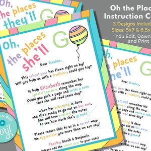 Oh the Places You'll Go Instruction Letter for Teachers to Sign Book Kindergarten End of Year Gift to Edit in Corjl Download and Print