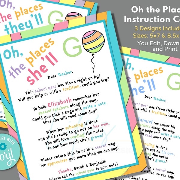 Oh the Places You'll Go Instruction Letter for Teachers to Sign Book Kindergarten End of Year Gift to Edit in Corjl Download and Print
