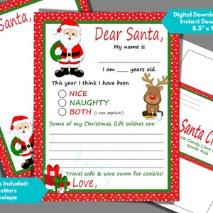 Carta a Papá Noel con sobre a juego para descargar e imprimir con fondo rojo
