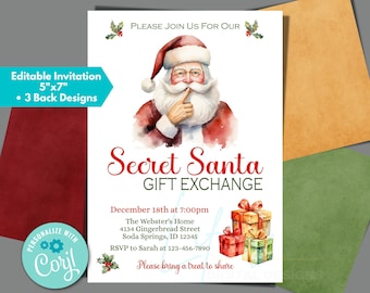 May include: An invitation to a Secret Santa gift exchange with a watercolor illustration of Santa Claus. The invitation includes the date, time, location, and RSVP information. It also says "Please bring a treat to share".