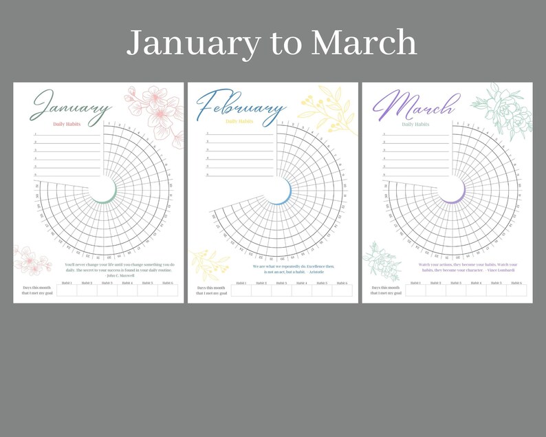 Pu&ograve; includere: Tre pagine stampabili di tracciamento delle abitudini per gennaio, febbraio e marzo. Ogni pagina presenta un grafico circolare con un design floreale e spazio per le abitudini quotidiane, gli obiettivi mensili e le riflessioni.