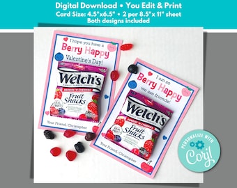 Valentine's Day Fruit Snack Card to Edit Download and Print Berry Happy You Are My Friend Kids Classroom Valentine's Exchange Ideas