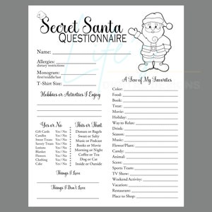 Secret Santa Questionnaire to Download and Print, Secret Santa Sign up Form, Office Secret Santa ...
