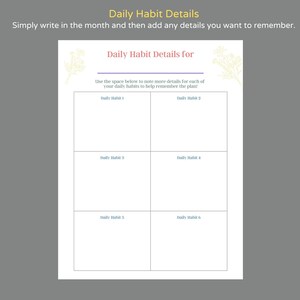 Pu&ograve; includere: Un planner di abitudini quotidiane stampabile con sei sezioni per elencare le abitudini quotidiane. Ogni sezione ha uno spazio per scrivere il mese e i dettagli sull'abitudine.