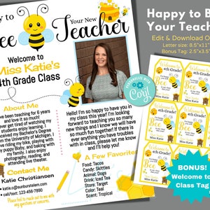 Plantilla de Happy to Be Your Teacher para editar instantáneamente en Corjl, descargar e imprimir, conocer al maestro, carta de puertas abiertas para maestros, etiqueta de bienvenida