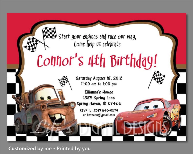 Cars Birthday Invitation Mater And Lightning Mcqueen Birthday Etsy