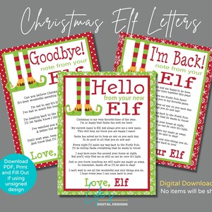 Carta de elfo para el nuevo elfo, ya volví y adiós para descargar e imprimir, carta de elfo navideño, tamaño 8,5" x 11", copos de nieve y puntos • No editable