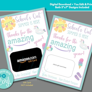 Soporte para tarjetas de regalo de Amazon para agradecimiento al maestro, fin de año escolar, descarga e imprime, gracias por el año increíble, se acabaron las clases, imprimible