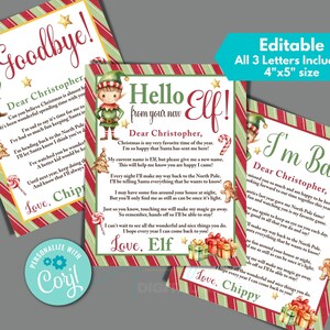 Carta de duende navideño para el nuevo elfo, "He vuelto" y "Adiós" para editar al instante en Corjl, descargar e imprimir, carta de duende editable, tamaño de 4" x 5"
