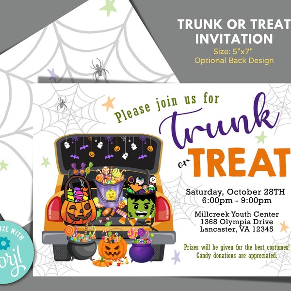 Trunk or Treat Invitation to Edit in Corjl, Download and Print, Trunk or Treat Invite, School or Church Halloween Trunk or Treat Invitation