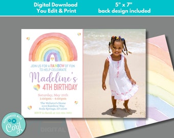 May include: A digital printable invitation for a 4th birthday party. The invitation features a watercolor rainbow with a pink heart and the text "Join us for a rainbow of fun to help celebrate Madeline's 4th Birthday". The invitation also includes the date, time, location, and RSVP information.