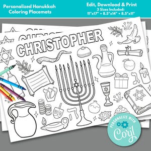 Tovagliette da colorare di Hanukkah da modificare all'istante in Corjl, Tovagliette da colorare personalizzate di Hanukkah, Scheda attività da colorare di Hanukkah Menorah