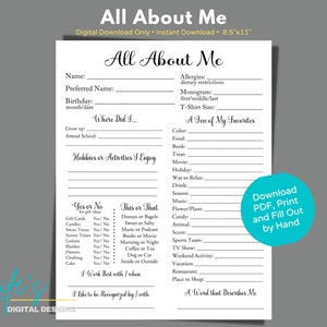 All About Me Survey to Download and Print, Coworker Questions, Employee Getting to Know You Survey, Gift Exchange Idea, Favorite Things