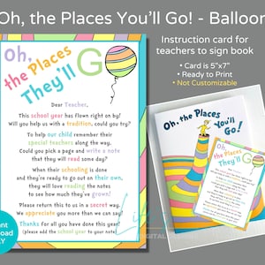 Oh, los lugares a los que irás Carta de instrucciones para que los maestros firmen el libro Regalo de fin de año para preescolar Descargar e imprimir Globo no personalizable