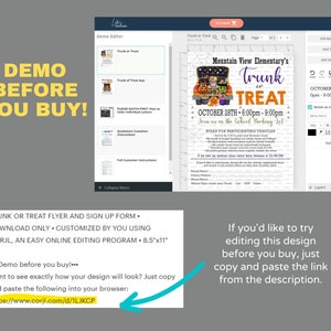 May include: A digital mockup of a printable flyer for a Trunk or Treat event at Mountain View Elementary School. The flyer is decorated with a cartoon image of a car boot filled with sweets and pumpkins. The event is scheduled for 28th October from 6:00pm to 9:00pm. The flyer includes rules for participating vehicles and a sign-up form.