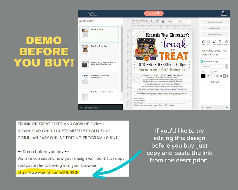 May include: A digital mockup of a printable flyer for a Trunk or Treat event at Mountain View Elementary School. The flyer is decorated with a cartoon image of a car boot filled with sweets and pumpkins. The event is scheduled for 28th October from 6:00pm to 9:00pm. The flyer includes rules for participating vehicles and a sign-up form.