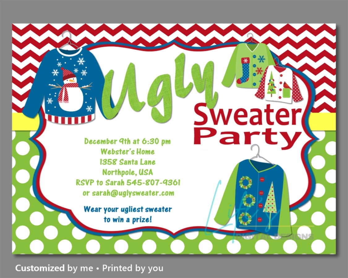 Ugly Christmas Sweater Invitation Ugly Sweater Party Invitation Customizable Ugly Sweater Invite Red Dots Green Chevron