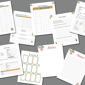 Pode incluir: P&aacute;ginas de planejador de jardim imprim&iacute;veis com um design floral verde e laranja. As p&aacute;ginas incluem se&ccedil;&otilde;es para perfis de plantas, rastreamento de nutrientes, rastreamento de recipientes de compostagem, etiquetas de plantas, di&aacute;rio de jardim e notas.