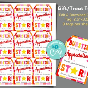 Teacher Appreciation Bursting with Appreciation Tags to Edit in Corjl, Download and Print, School and Office Staff, Employee Appreciation