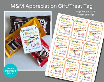 Teacher Appreciation Week M&M Candy Treat Tags to Download and Print, School and Office Staff, Employees, Volunteer, Nurse Appreciation