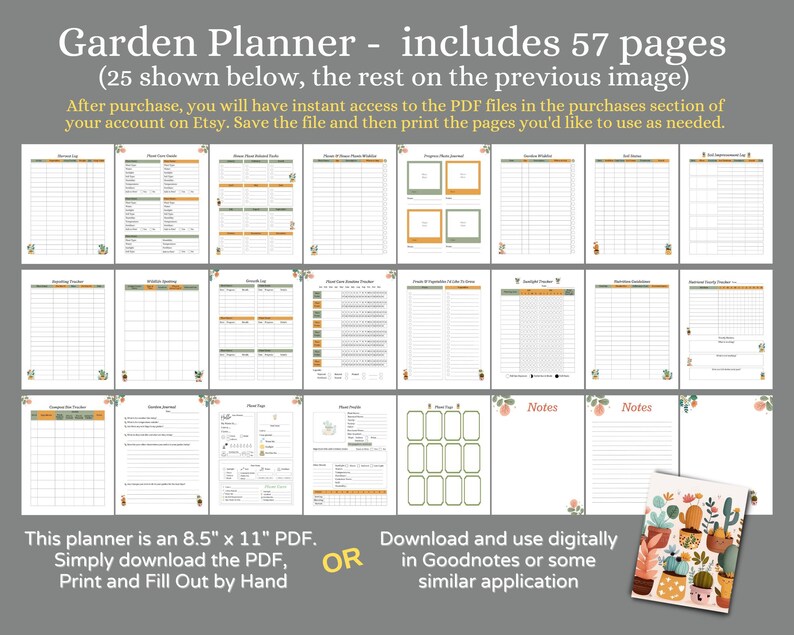 Pode incluir: Um planejador de jardim imprim&iacute;vel com 57 p&aacute;ginas, das quais 25 s&atilde;o mostradas. O planejador mede 8,5 polegadas por 11 polegadas e inclui p&aacute;ginas para acompanhar as sementes, as plantas e as tarefas de jardinagem. O planejador &eacute; projetado com um esquema de cores verde e laranja e apresenta ilustra&ccedil;&otilde;es de plantas e ferramentas de jardinagem.