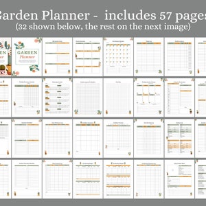 Pode incluir: Um planejador de jardim imprim&iacute;vel com 57 p&aacute;ginas, das quais 32 s&atilde;o mostradas. O planejador apresenta um esquema de cores verde e marrom com ilustra&ccedil;&otilde;es de plantas em vasos. O texto "Garden Planner" aparece duas vezes na capa.
