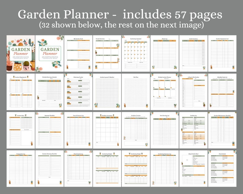 Pode incluir: Um planejador de jardim imprim&iacute;vel com 57 p&aacute;ginas, das quais 32 s&atilde;o mostradas. O planejador apresenta um esquema de cores verde e marrom com ilustra&ccedil;&otilde;es de plantas em vasos. O texto "Garden Planner" aparece duas vezes na capa.