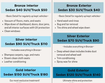 Plantilla editable de menú de precios para detallado de automóviles / Hoja de precios para empresas en Canva / Lista de precios para detallado móvil / Menú de servicios de lavado de coches