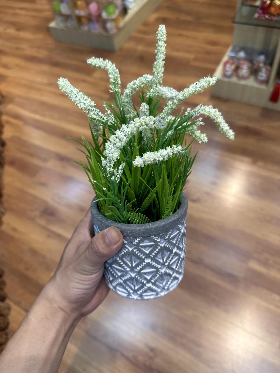 Faux Plant In Gray Textured Pot Small Artificial Potted Plant Modern faux-plant-in-gray-textured-pot-small-artificial-potted-plant-modern