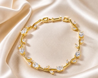 Colorful Gemstone Gold Bracelet, Vine Leaf Chain Bracelet, Dainty Bridal Jewelry, Multicolor Crystal Bracelet Gift